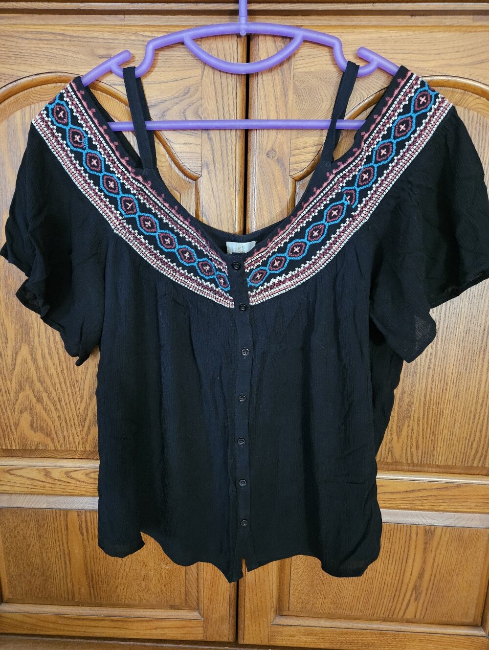 Black Off-Shoulder Button-Front Top with Embroidered Yoke